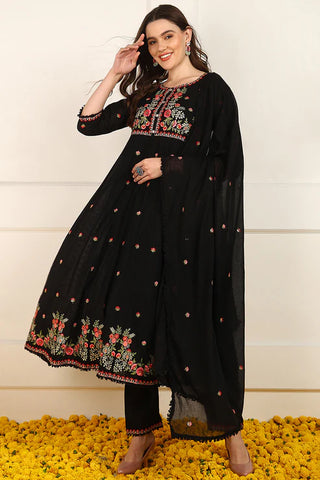 Black Cotton Embroidered Anarkali Suit Set with Dupatta