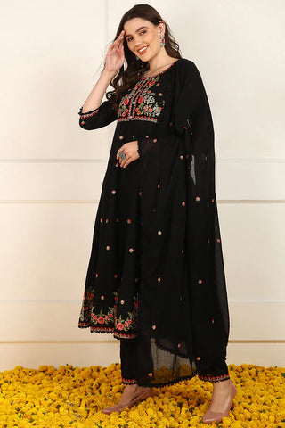 Black Cotton Embroidered Anarkali Suit Set with Dupatta