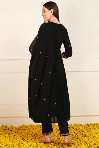 Black Cotton Embroidered Anarkali Suit Set with Dupatta