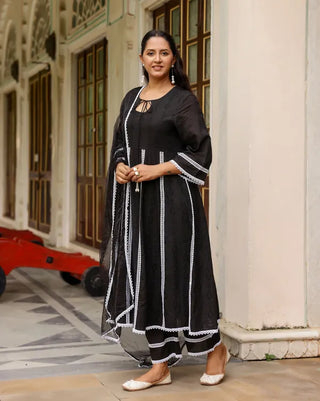 Black Cotton Lace Detailing Anarkali Suit Set with Organza Dupatta