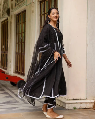 Black Cotton Lace Detailing Anarkali Suit Set with Organza Dupatta