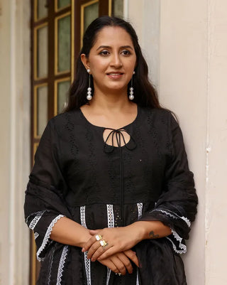 Black Cotton Lace Detailing Anarkali Suit Set with Organza Dupatta