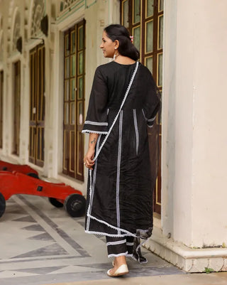 Black Cotton Lace Detailing Anarkali Suit Set with Organza Dupatta