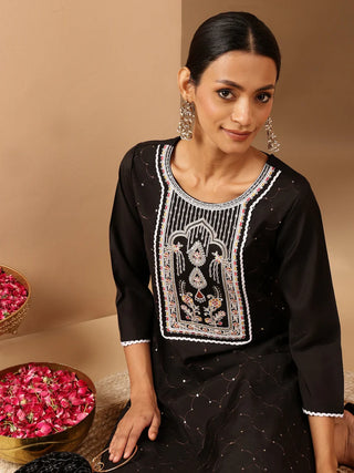 Black Chanderi Embroidered Kurta Bottom Set
