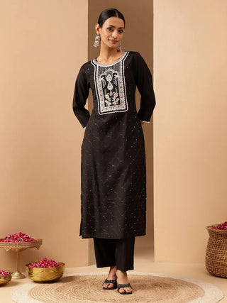 Black Chanderi Embroidered Kurta Bottom Set