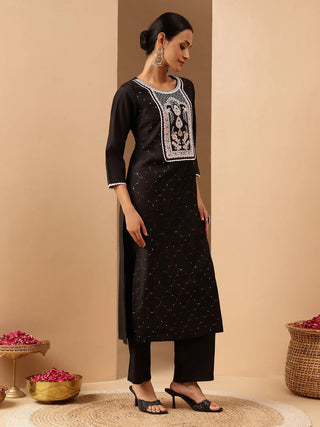 Black Chanderi Embroidered Kurta Bottom Set