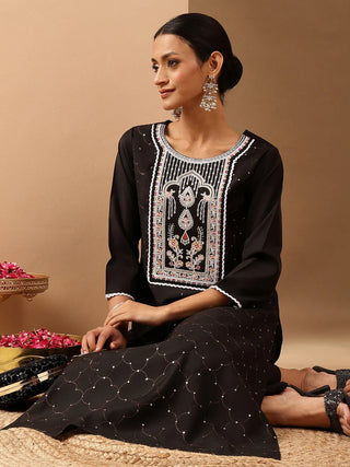 Black Chanderi Embroidered Kurta Bottom Set