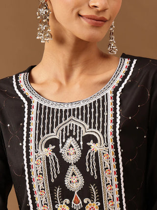 Black Chanderi Embroidered Kurta Bottom Set