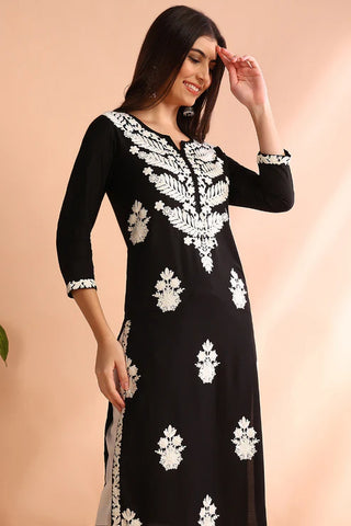 Black & White Viscose Rayon Floral Embroidered Chikankari Detailing Straight Shape Kurta