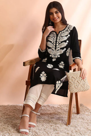 Black & White Viscose Rayon Floral Embroidered Chikankari Detailing Straight Shape Kurta