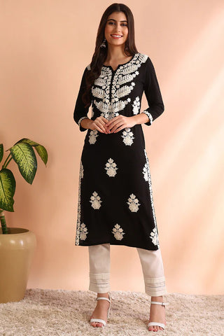 Black & White Viscose Rayon Floral Embroidered Chikankari Detailing Straight Shape Kurta