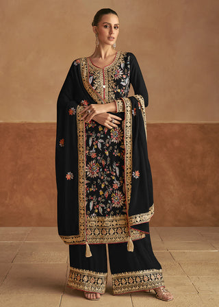 Black Chinon Silk Embroidered Suit Set with Dupatta