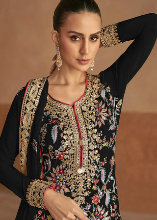 Black Chinon Silk Embroidered Suit Set with Dupatta