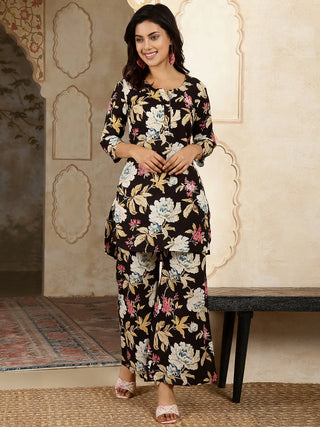 Black Pure Cotton Floral Print Kurta Bottom Set