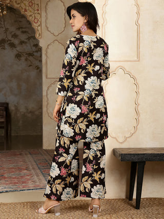 Black Pure Cotton Floral Print Kurta Bottom Set