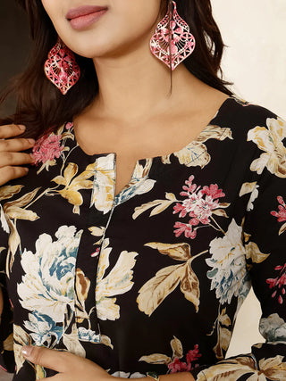 Black Pure Cotton Floral Print Kurta Bottom Set
