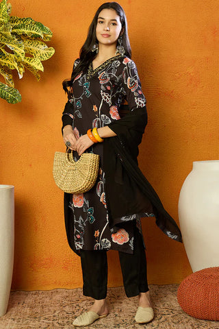 Black Cotton Blend Floral Print Suit Set with Dupatta