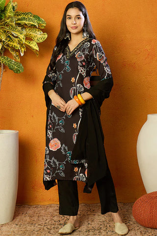 Black Cotton Blend Floral Print Suit Set with Dupatta