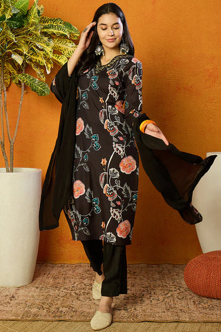 Black Cotton Blend Floral Print Suit Set with Dupatta