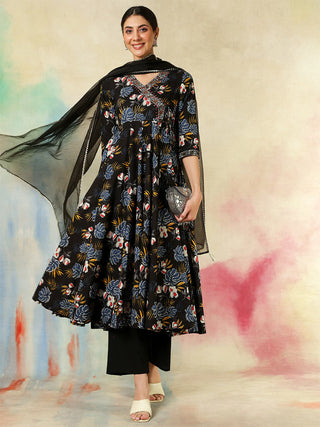 Black Cotton Printed & Embroidered Anarkali Style Suit Set with Dupatta