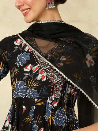 Black Cotton Printed & Embroidered Anarkali Style Suit Set with Dupatta