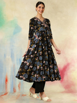 Black Cotton Printed & Embroidered Anarkali Style Suit Set with Dupatta