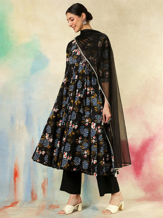 Black Cotton Printed & Embroidered Anarkali Style Suit Set with Dupatta