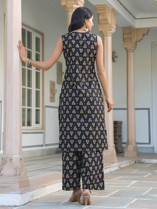 Black Pure Cotton Floral Print Kurta Bottom Set