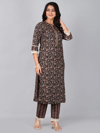 Black Cotton Printed & Lace Detailing Kurta Pant Set