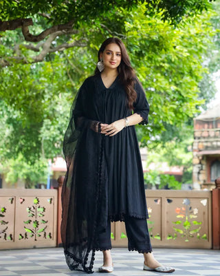 Black Cotton Lace Detailing Suit Set with Net Dupatta
