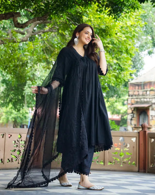 Black Cotton Lace Detailing Suit Set with Net Dupatta