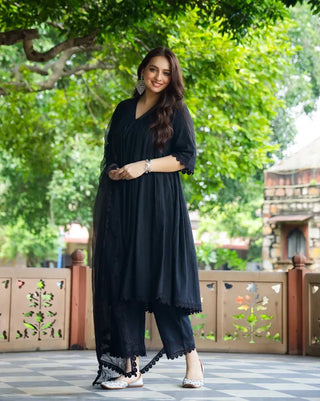 Black Cotton Lace Detailing Suit Set with Net Dupatta