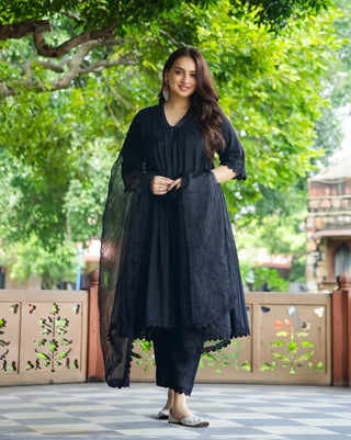 Black Cotton Lace Detailing Suit Set with Net Dupatta