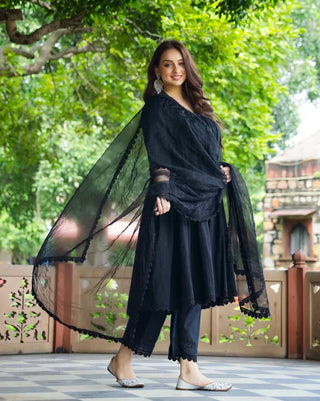 Black Cotton Lace Detailing Suit Set with Net Dupatta