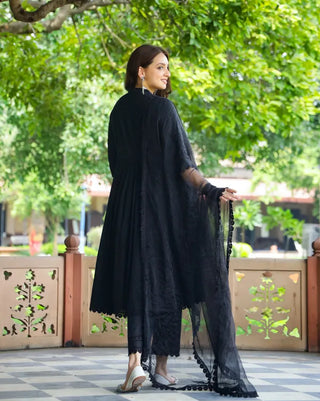 Black Cotton Lace Detailing Suit Set with Net Dupatta