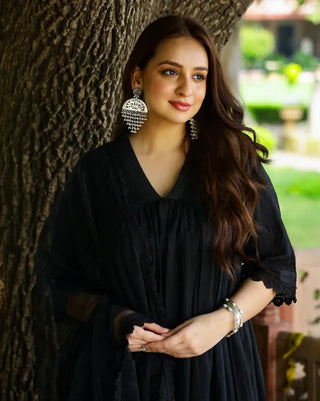 Black Cotton Lace Detailing Suit Set with Net Dupatta