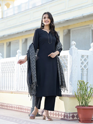 Black Silk Blend Solid Suit Set with Printed Dupatta