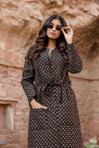 Hand Block Print Black Dress With Quilted Jacket