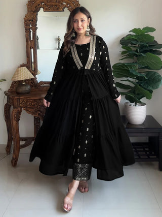 Black Georgette Foil Print Open Tiered Kurta Bottom Set