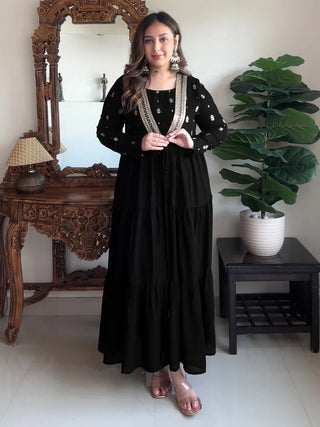 Black Georgette Foil Print Open Tiered Kurta Bottom Set