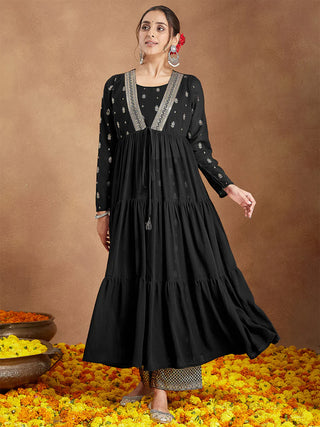 Black Georgette Foil Print Open Tiered Kurta Bottom Set