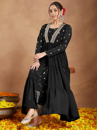 Black Georgette Foil Print Open Tiered Kurta Bottom Set