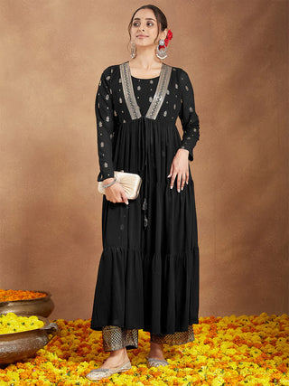 Black Georgette Foil Print Open Tiered Kurta Bottom Set