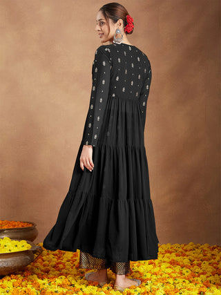 Black Georgette Foil Print Open Tiered Kurta Bottom Set