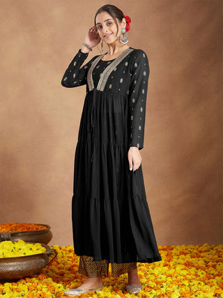 Black Georgette Foil Print Open Tiered Kurta Bottom Set