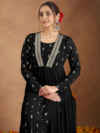 Black Georgette Foil Print Open Tiered Kurta Bottom Set