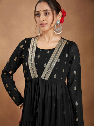 Black Georgette Foil Print Open Tiered Kurta Bottom Set