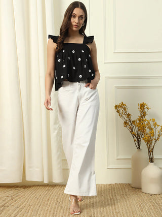 Black Cotton Floral Embroidered Crop Top