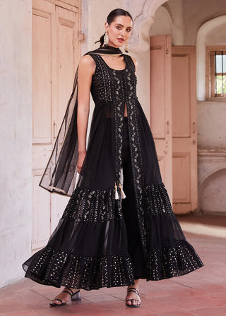 Black Georgette Zari Embroidered Front Slit Suit Set with Net Dupatta