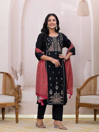 Black Silk Blend Floral Embroidered Straight Shape Suit Set with Dupatta